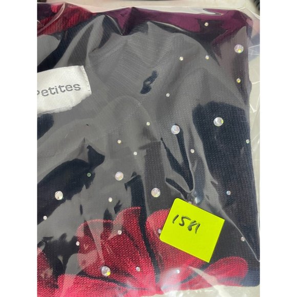 C. D. Petites Women's 3/4 Sleeve Black Rhinestone Roses Knit Sweater Size PS - Picture 11 of 11